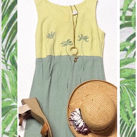 Vintage Light Green & Citron Palm Tree Embroidered Sleeveless Maxi Dress SZ 6 - Picture 3 of 10